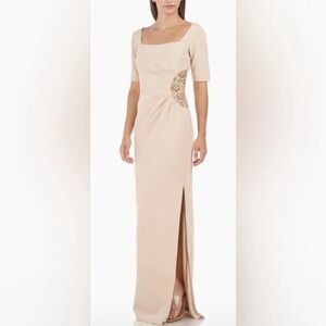 JS Collection Ashley Draped Column Gown Champagne Beaded Formal Dress Sz 12 NWT